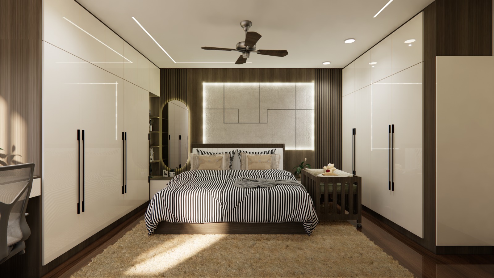 Finished bedroom handed over, cream wardrobes, backlit headboard panel, cot and study desk