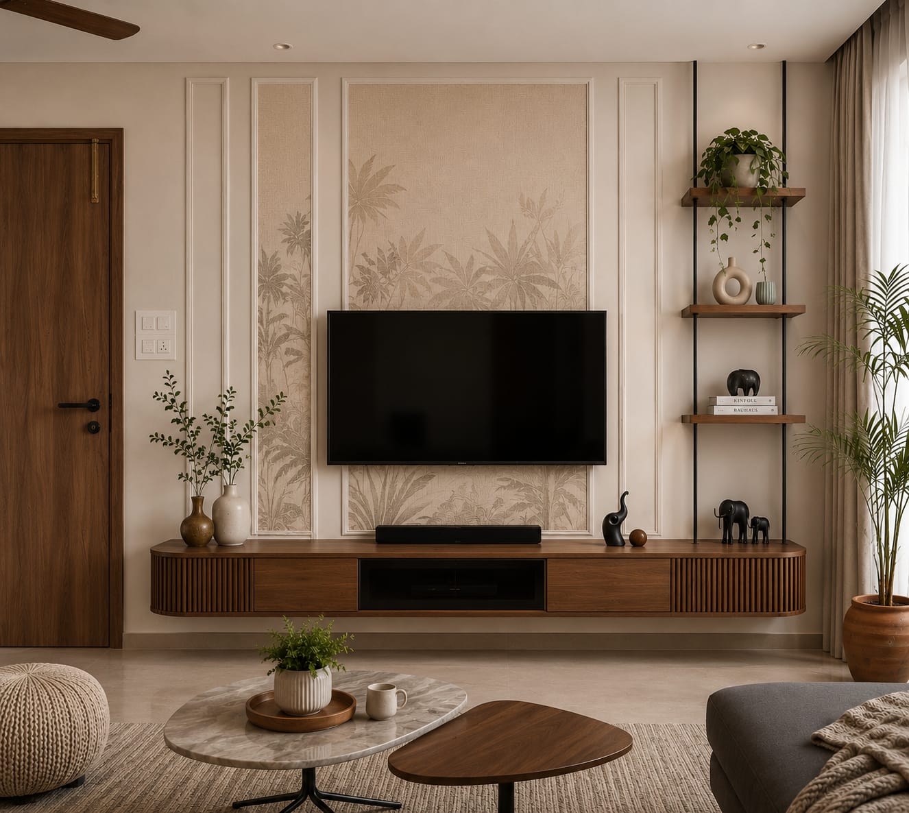 Photoreal 3D render of a fluted-wood living room TV unit