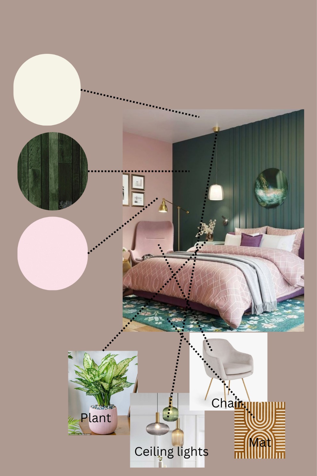 Mood board for a pink and forest-green bedroom, with palette swatches, plant, chair, pendant lights and rug