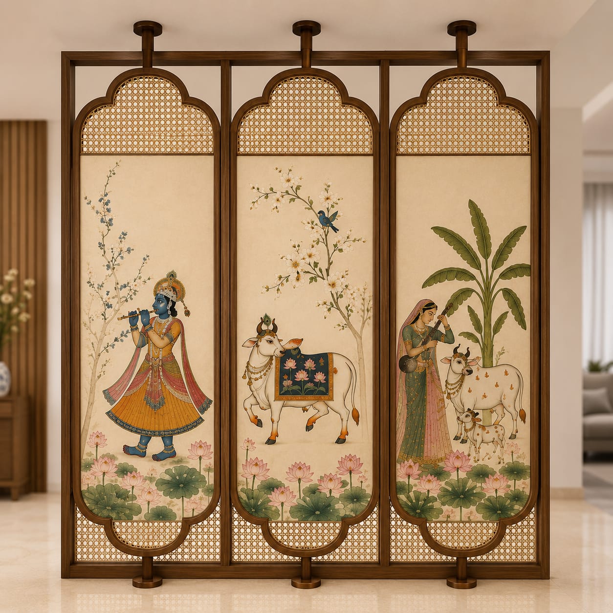 Hand-painted Pichwai partition screen styled into a finished home